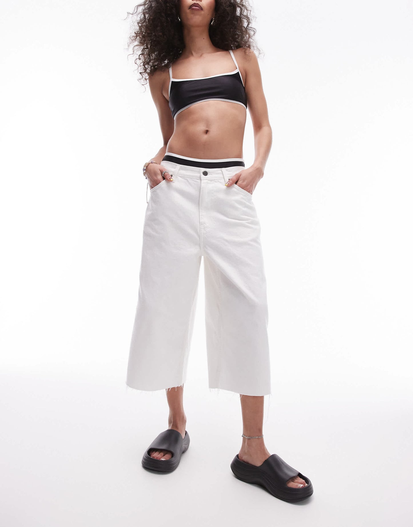 Topshop mono contrast trim scoop bikini top in black