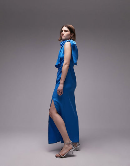 Topshop premium cupro draped maxi dress in blue