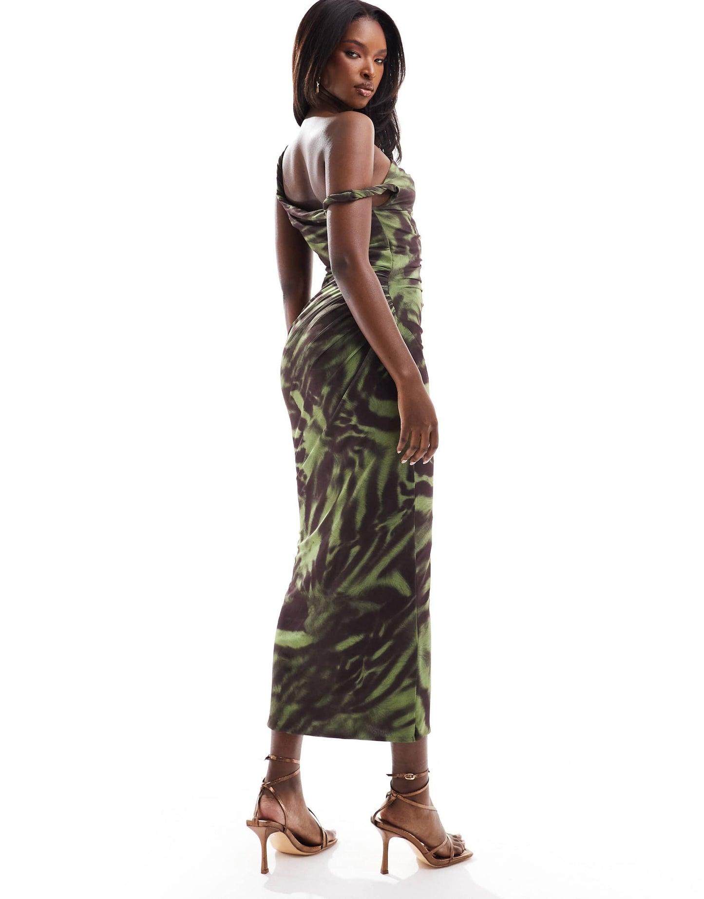 ASOS DESIGN twist one shoulder mesh midi dress in green abstract animal print