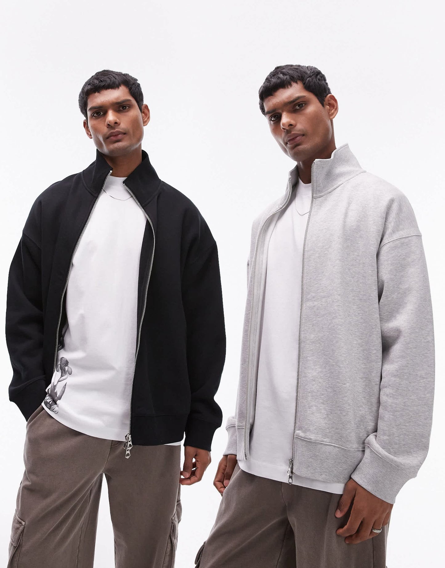 Topman premium heavyweight 2 pack full zip funnel sweatshirt in grey marl and black