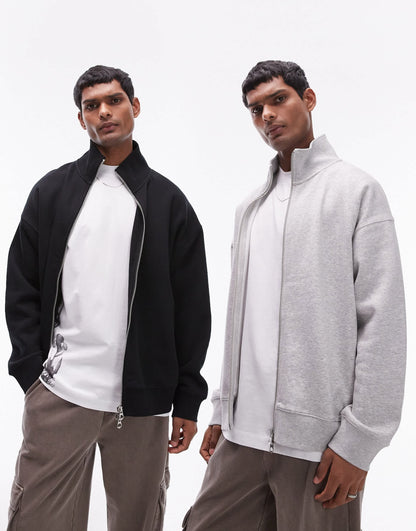 Topman premium heavyweight 2 pack full zip funnel sweatshirt in grey marl and black