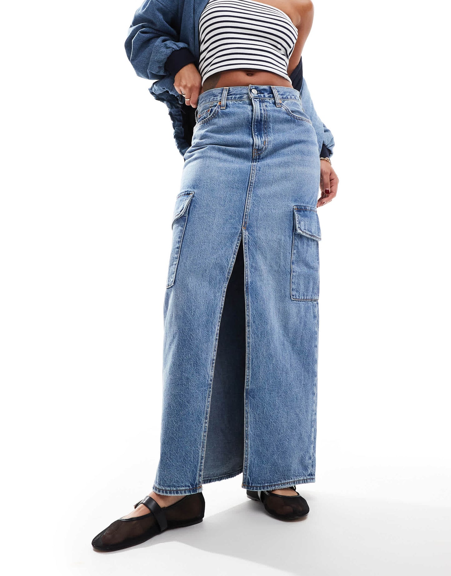 Levi's ankle column cargo denim skirt in mid blue