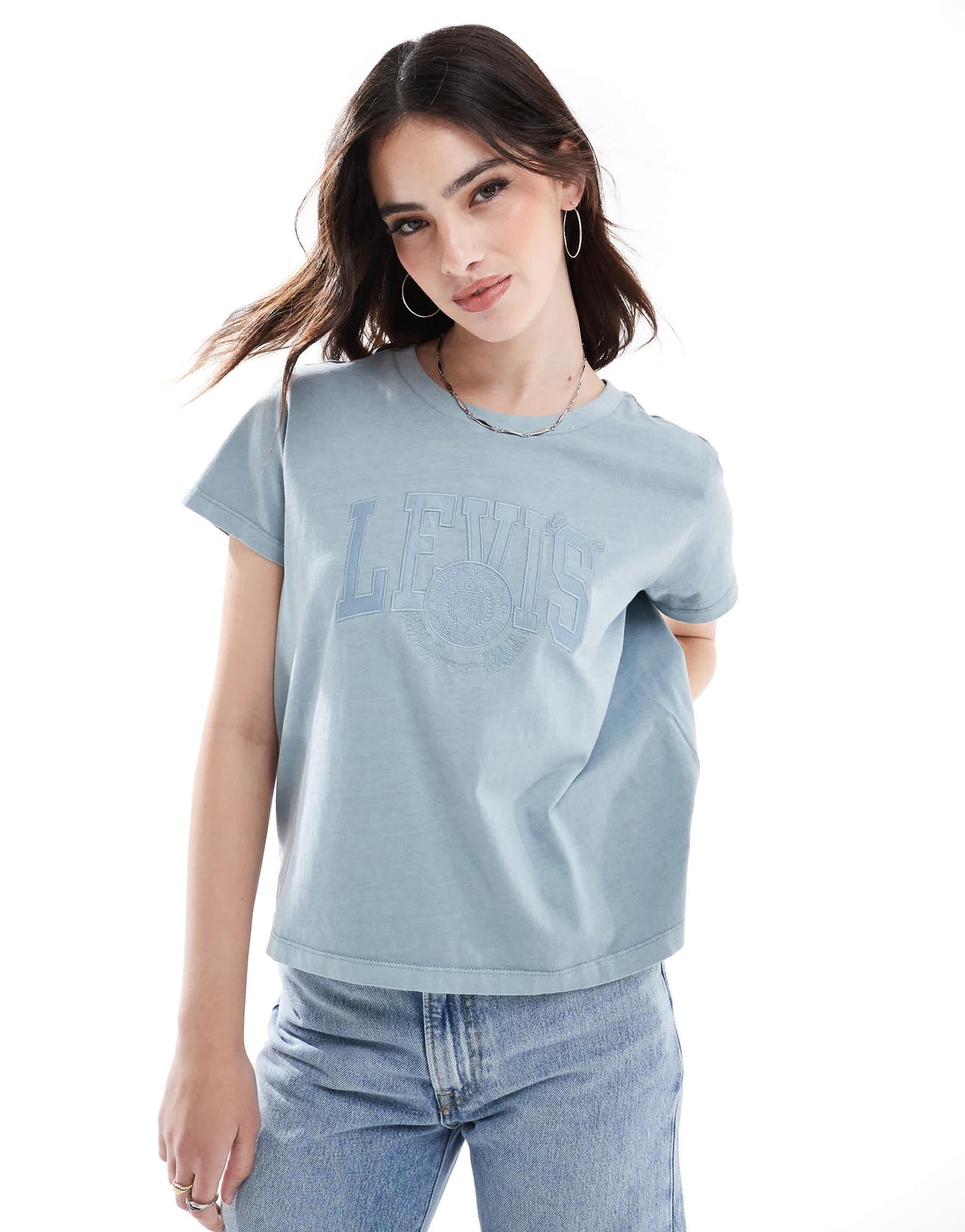 Levi's varsity tonal applique logo boxy t-shirt in mid blue