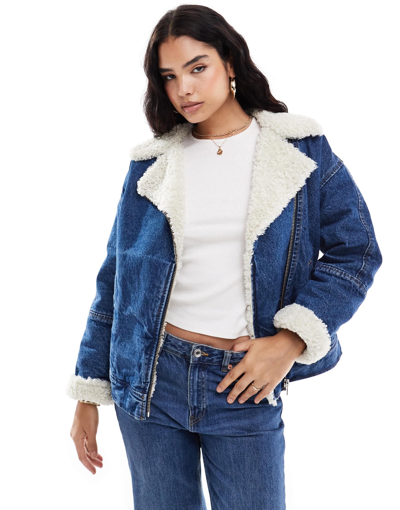 Levi's sherpa lined denim flight jacket in mid blue