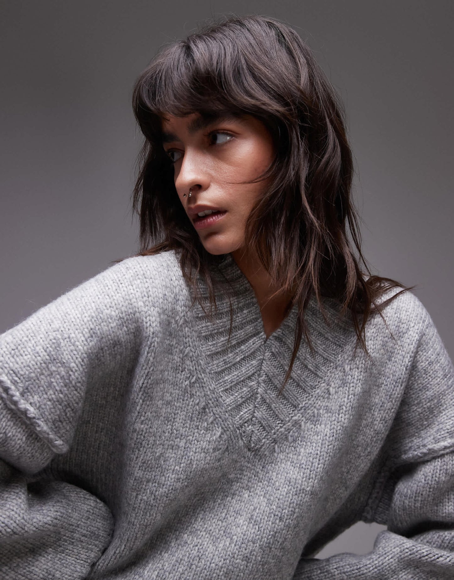 Topshop knitted high v-neck mini oversized dress in grey malonge
