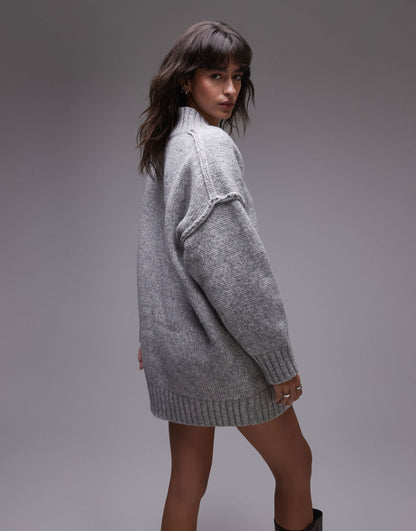 Topshop knitted high v-neck mini oversized dress in grey malonge