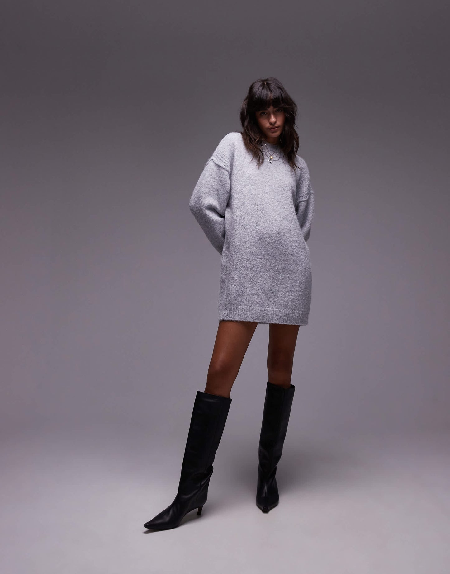 Topshop knitted oversized crew mini dress with exposed seam detail in grey