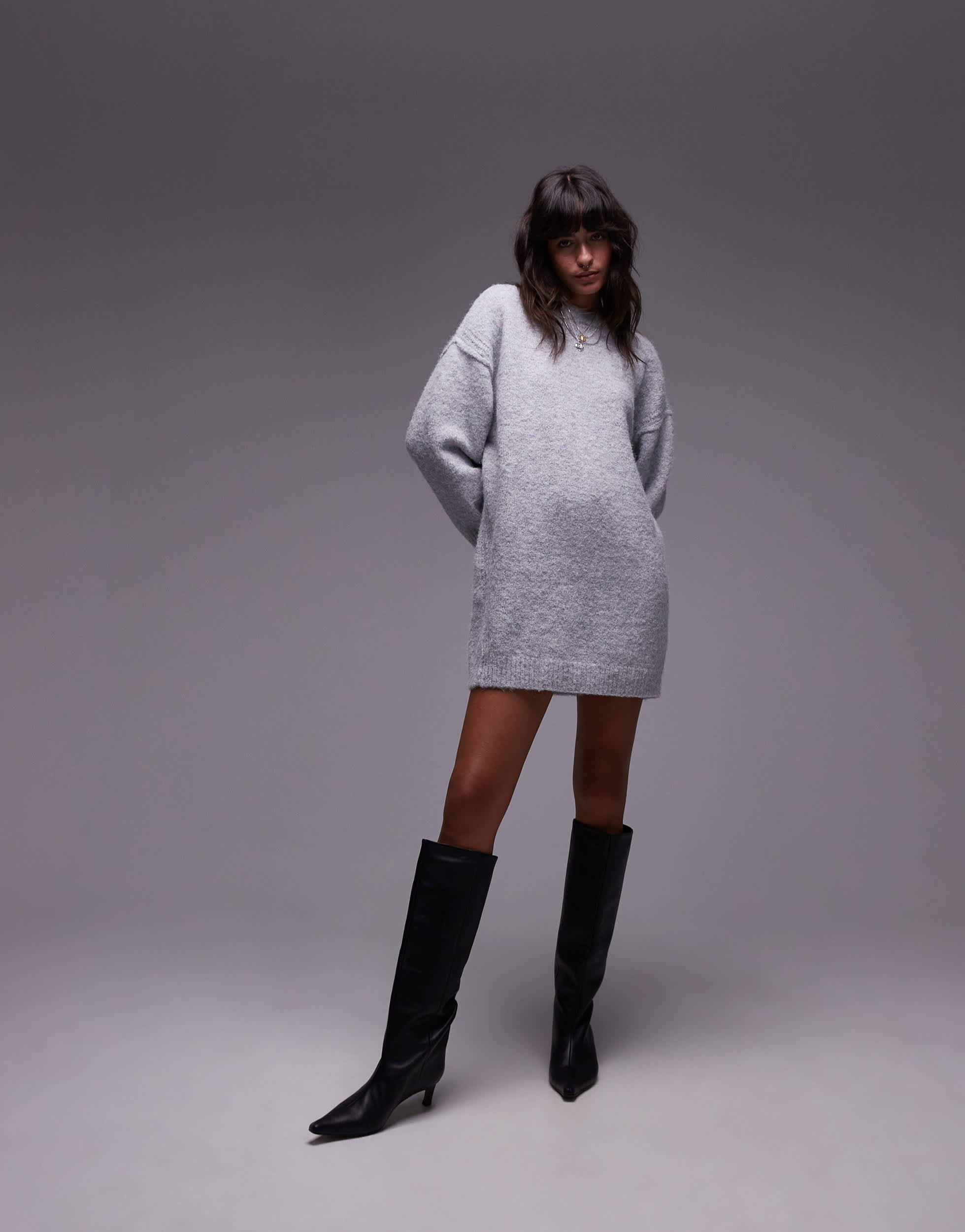 Topshop knitted oversized crew mini dress with exposed seam detail in grey
