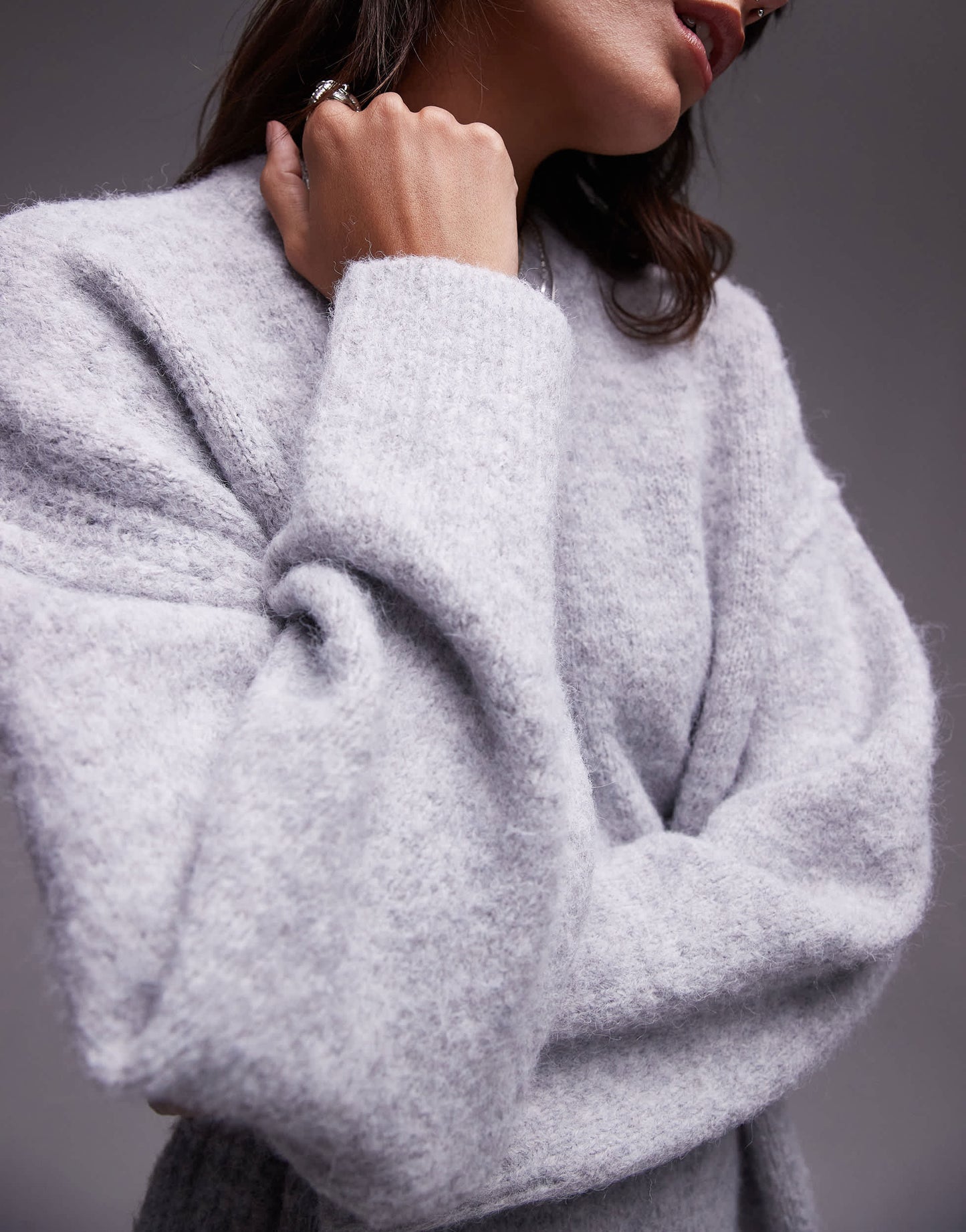 Topshop knitted oversized crew mini dress with exposed seam detail in grey