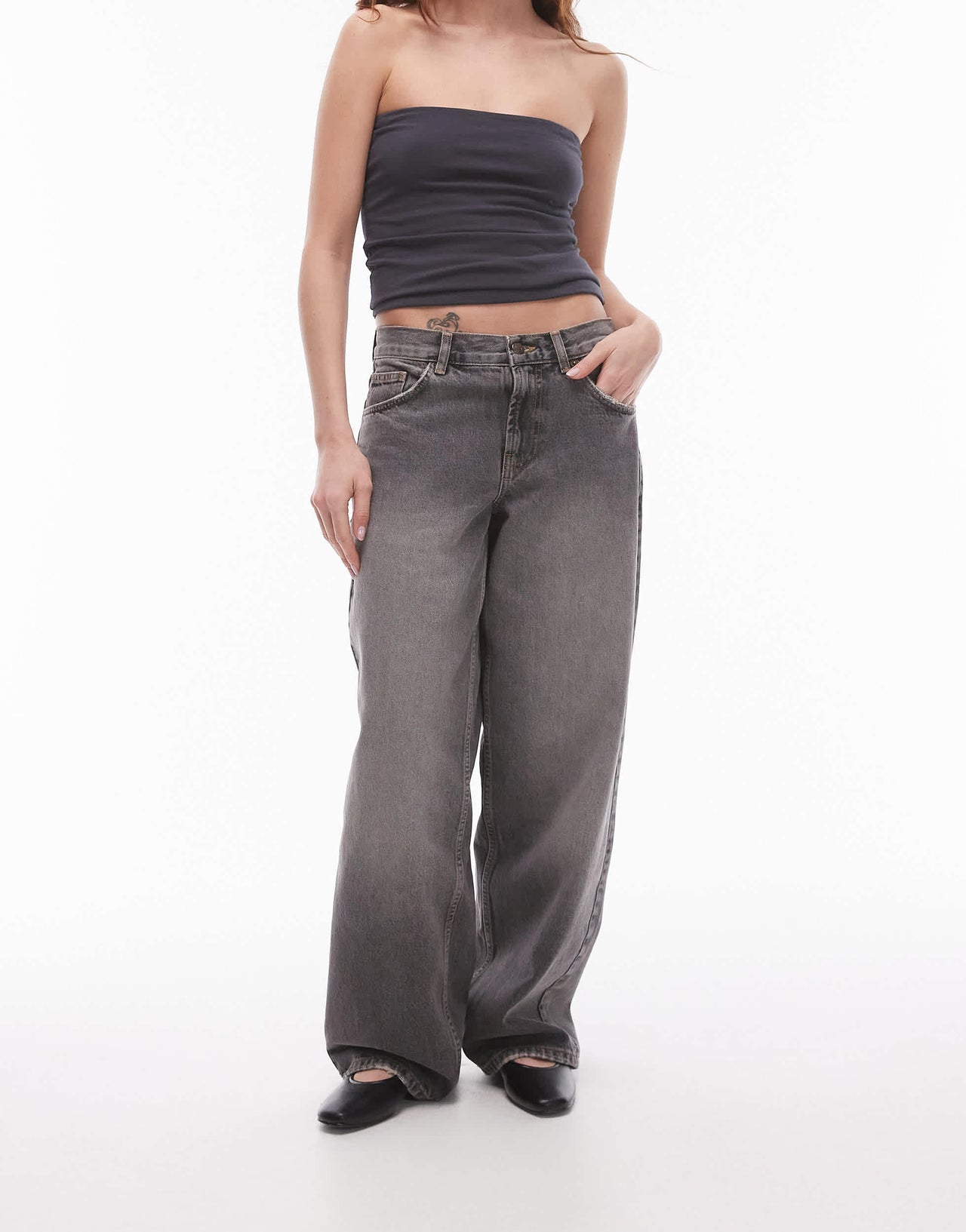 Topshop Cinch low rise relaxed jean in dark vintage grey