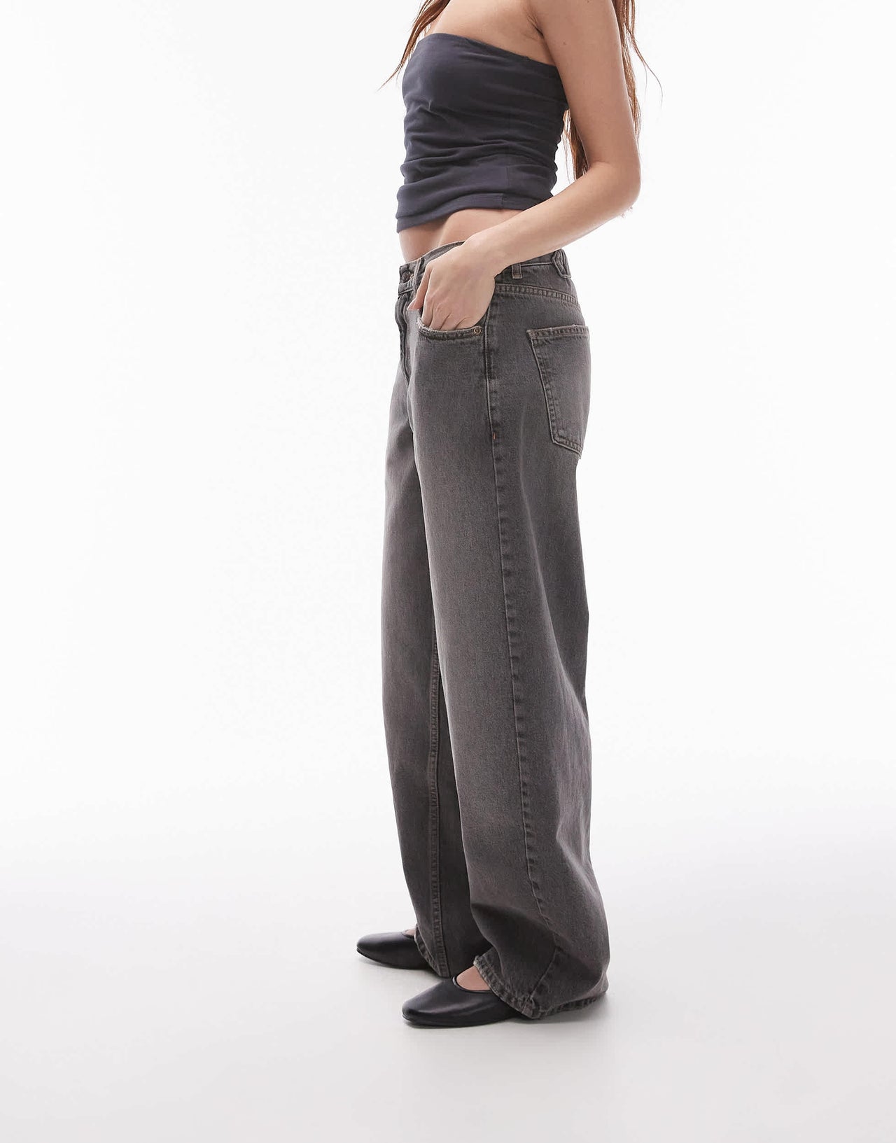 Topshop Cinch low rise relaxed jean in dark vintage grey