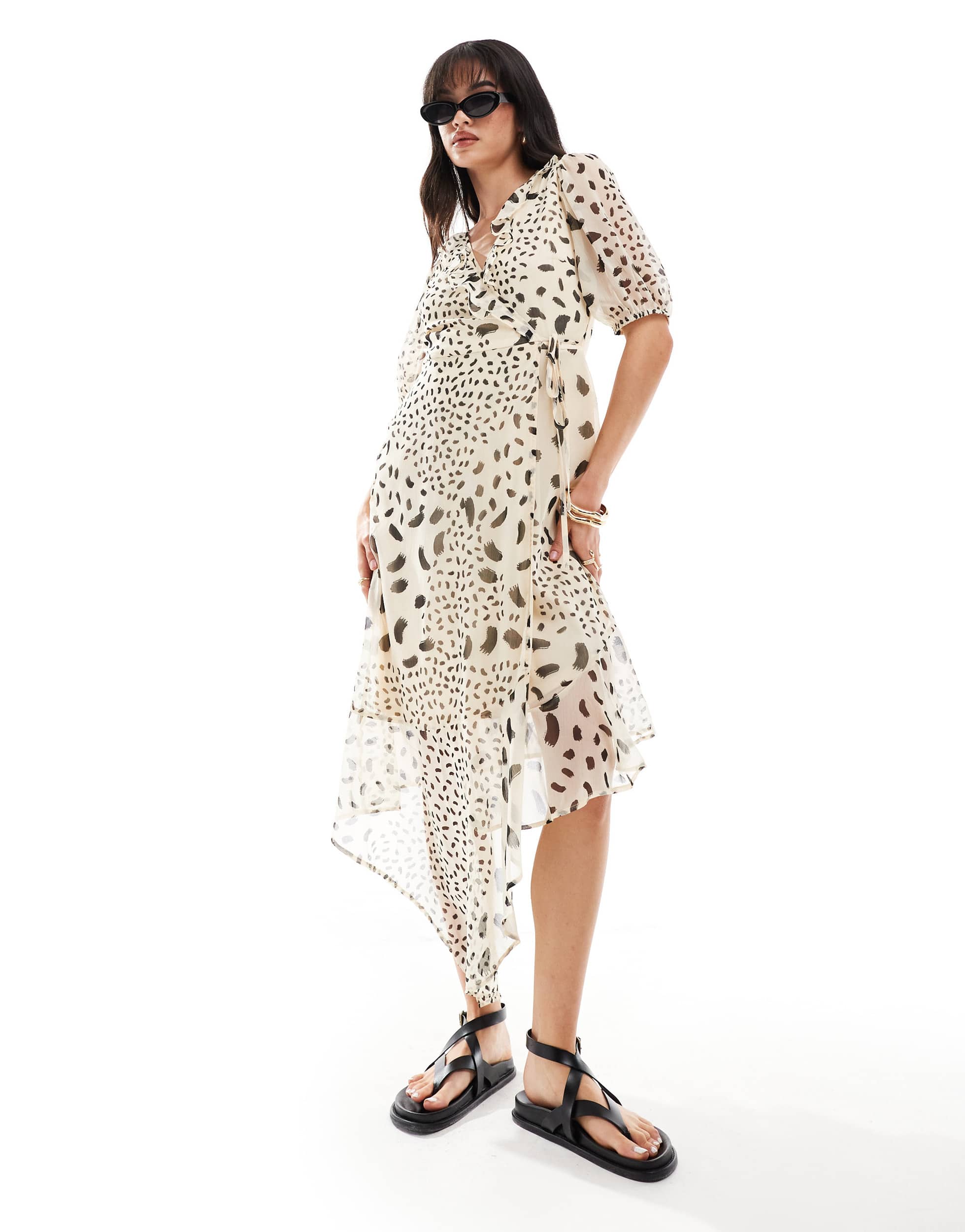 Wednesday's Girl abstract spot ruffle wrap midi dress in cream