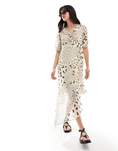 Wednesday's Girl abstract spot ruffle wrap midi dress in cream