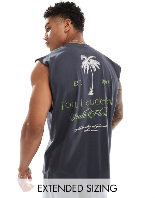 ASOS DESIGN oversized vest in charcoal with Fort Lauderdale back print