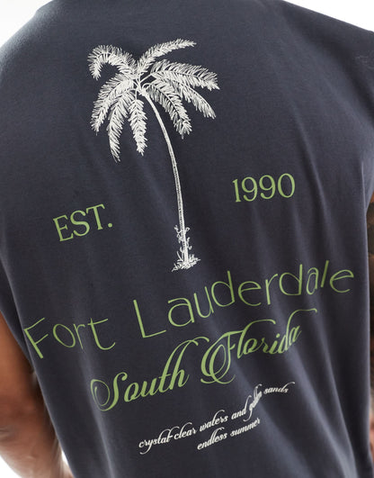 ASOS DESIGN oversized vest in charcoal with Fort Lauderdale back print