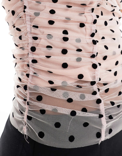 New Look spot mesh ruched top in pale pink