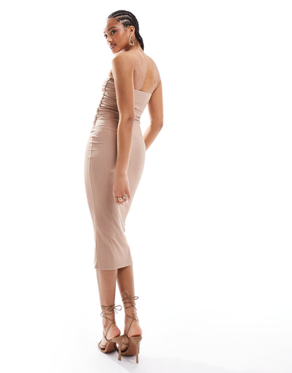 New Look ribbed bandeau midi dress in camel