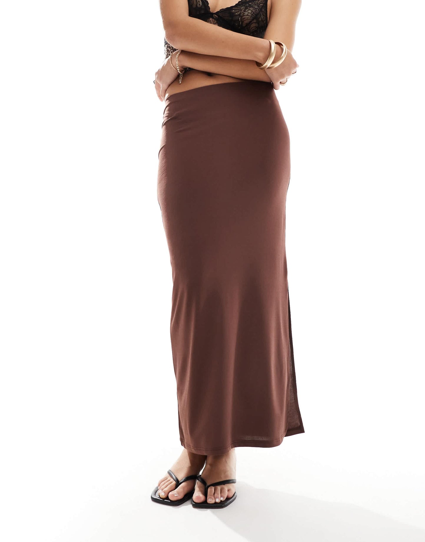 New Look side split midi skirt in dark brown
