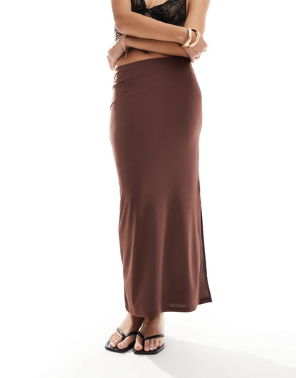 New Look side split midi skirt in dark brown