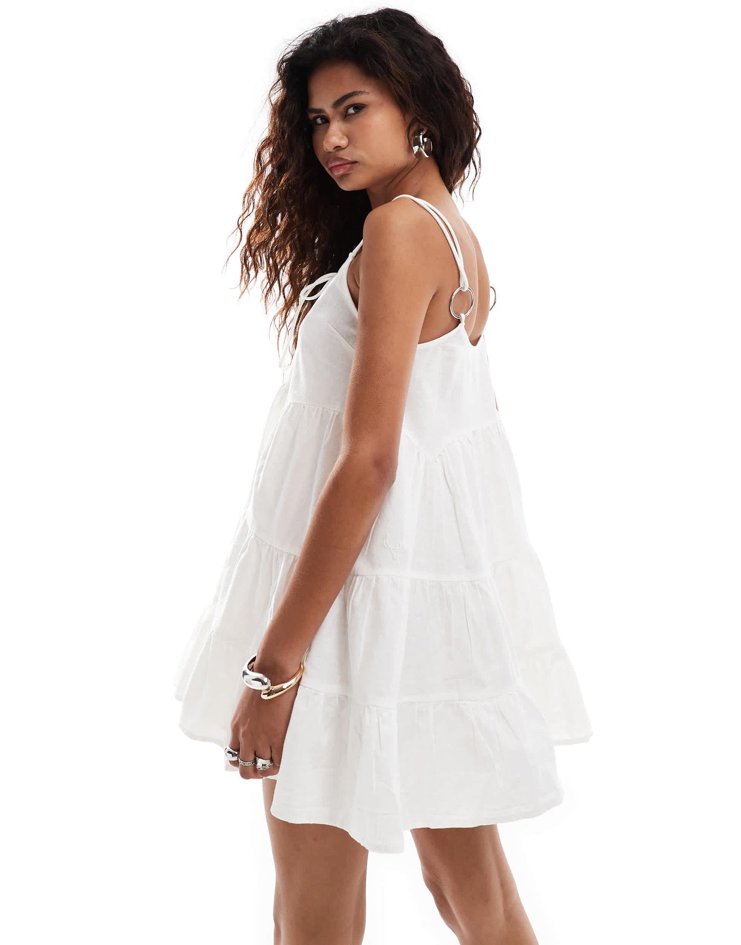 COLLUSION cotton woven tiered sun dress with bunny tie and ring detail in white - WHITE