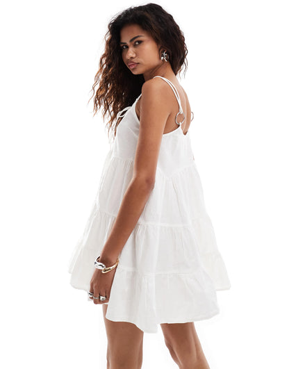 COLLUSION cotton woven tiered sun dress with bunny tie and ring detail in white - WHITE
