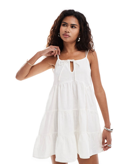 COLLUSION cotton woven tiered sun dress with bunny tie and ring detail in white - WHITE