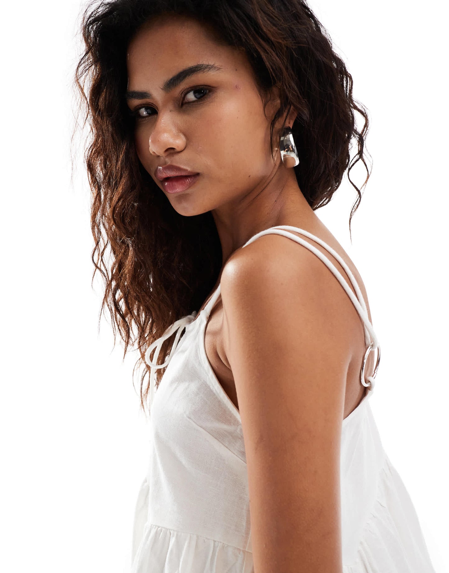 COLLUSION cotton woven tiered sun dress with bunny tie and ring detail in white - WHITE