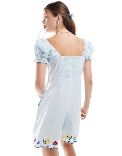 ASOS DESIGN embroidered peter pan collar playsuit in ice blue