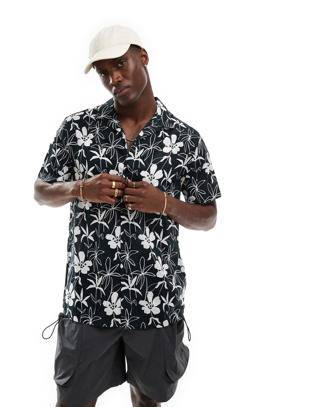 ASOS DESIGN relaxed revere linen look shirt with floral print in black and white