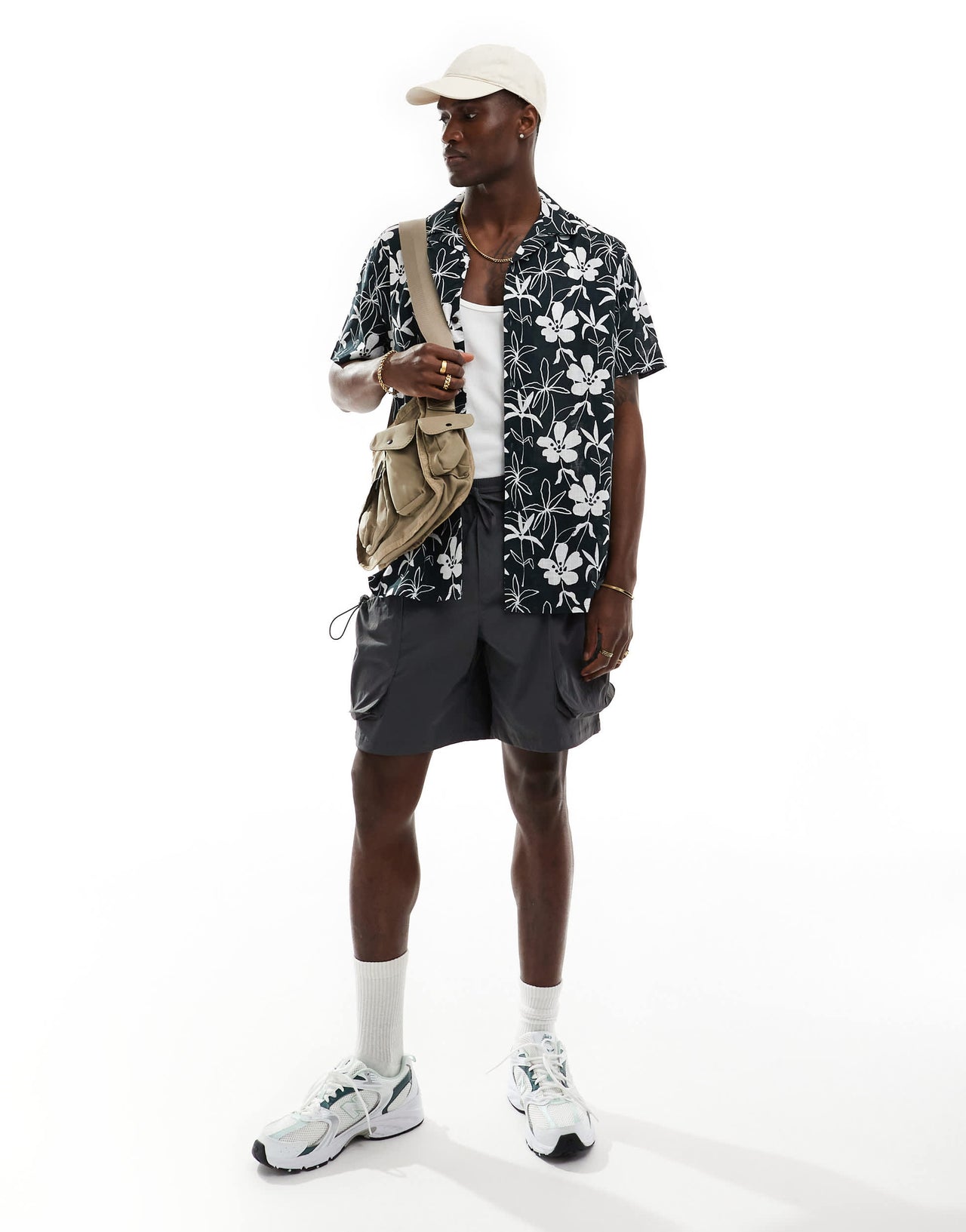 ASOS DESIGN relaxed revere linen look shirt with floral print in black and white