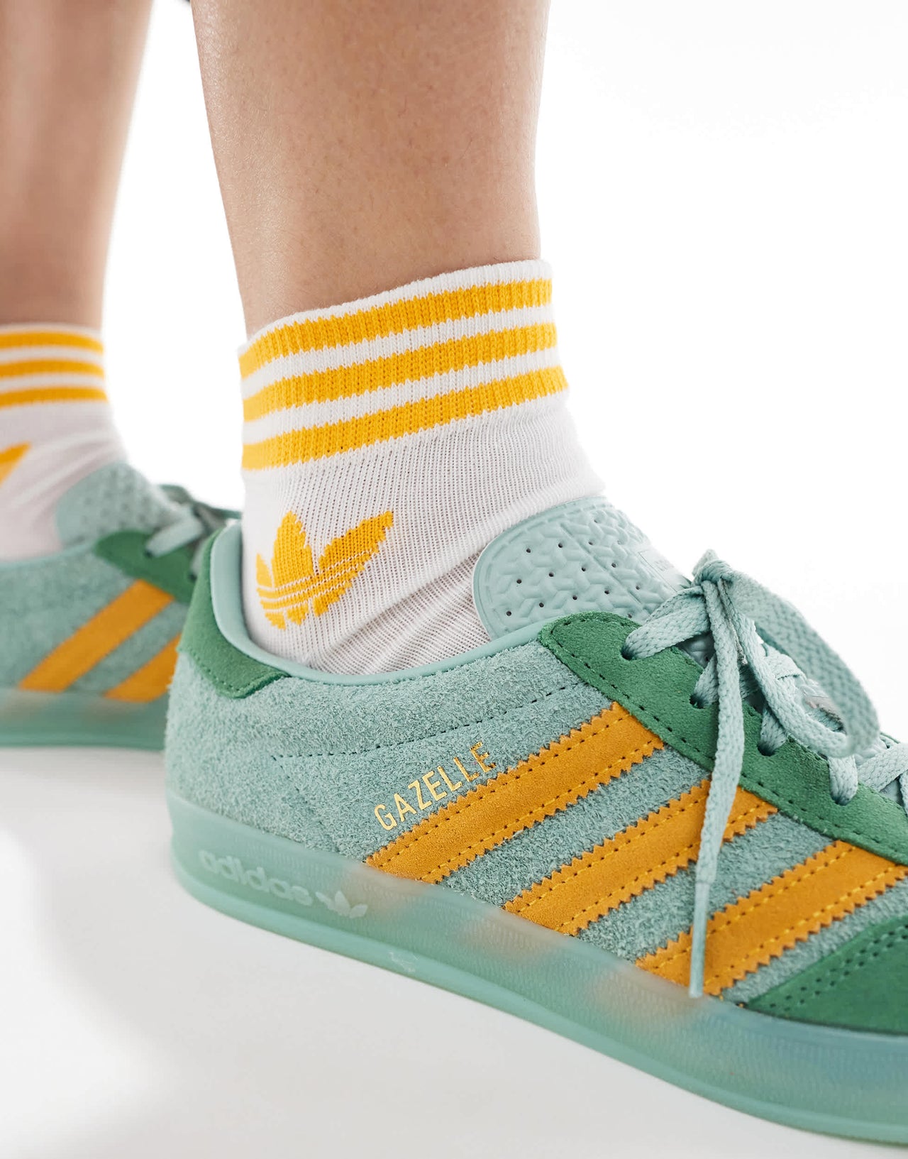 adidas Originals Gazelle Indoor trainers in green and yellow with green sole