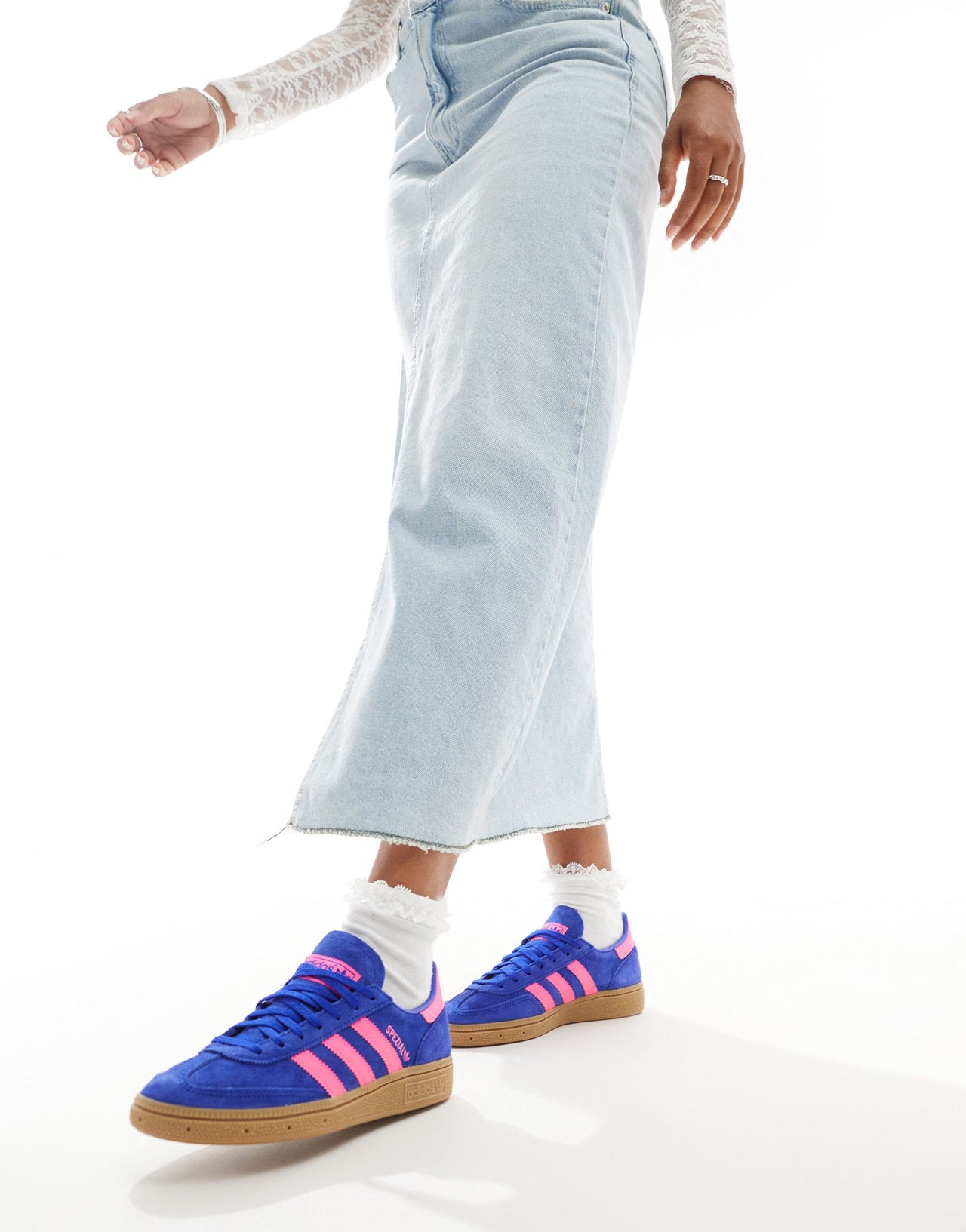 adidas Originals Handball Spezial trainers in blue and pink with gum sole