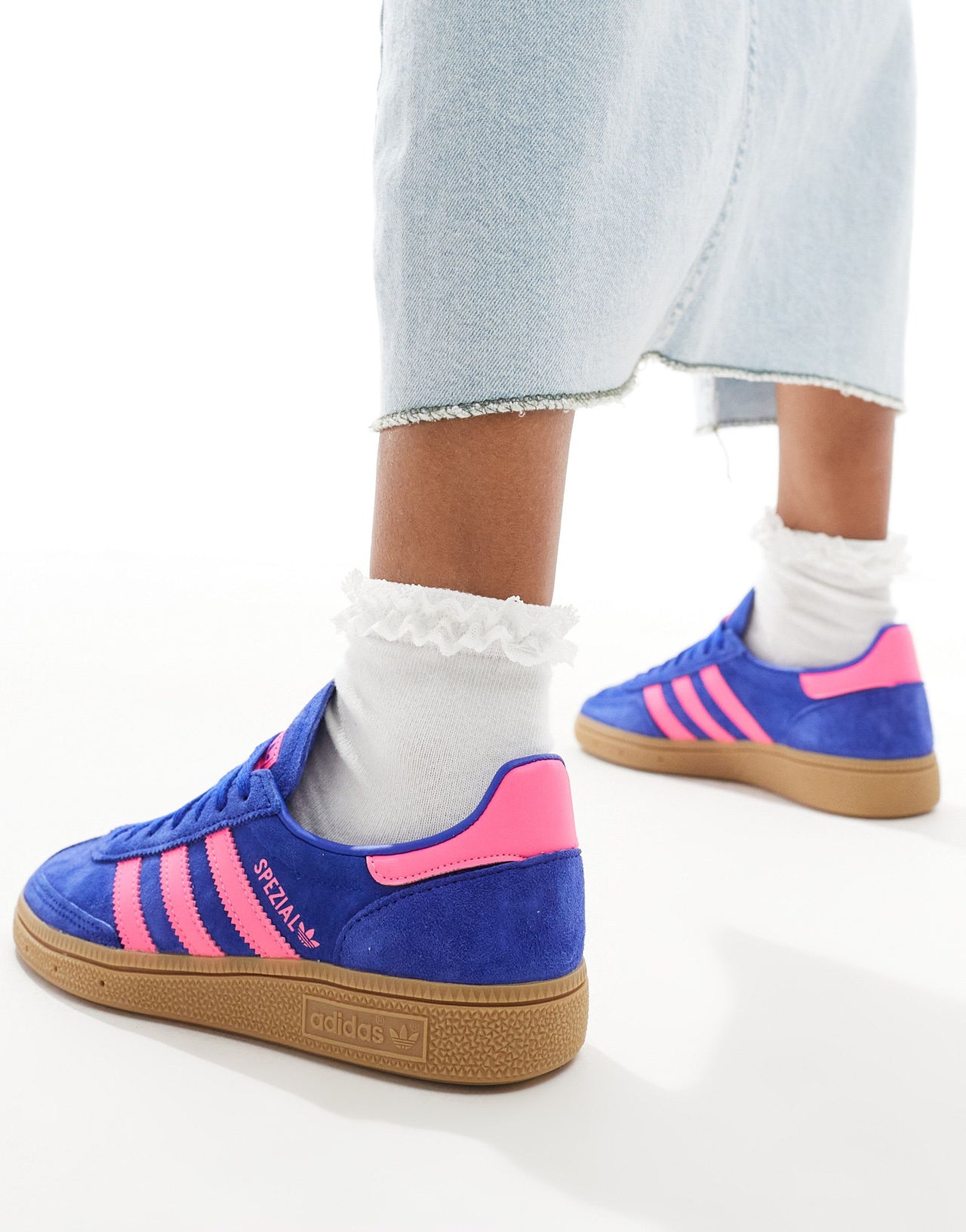 adidas Originals Handball Spezial trainers in blue and pink with gum sole