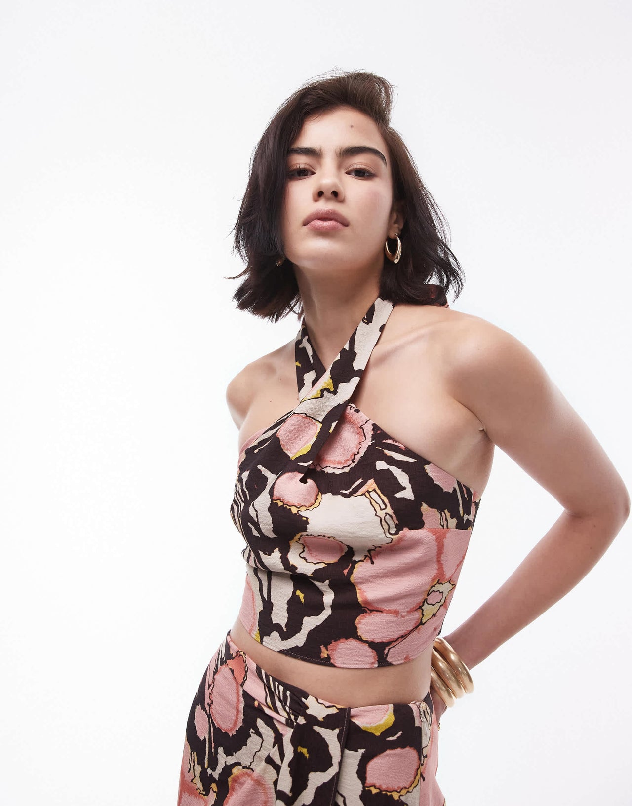 Topshop co-ord twist halter top in paw print flower