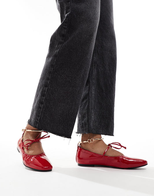 Simmi London Wide Fit Abbie Bow ballet flats with ruch detail and removable anklet in red