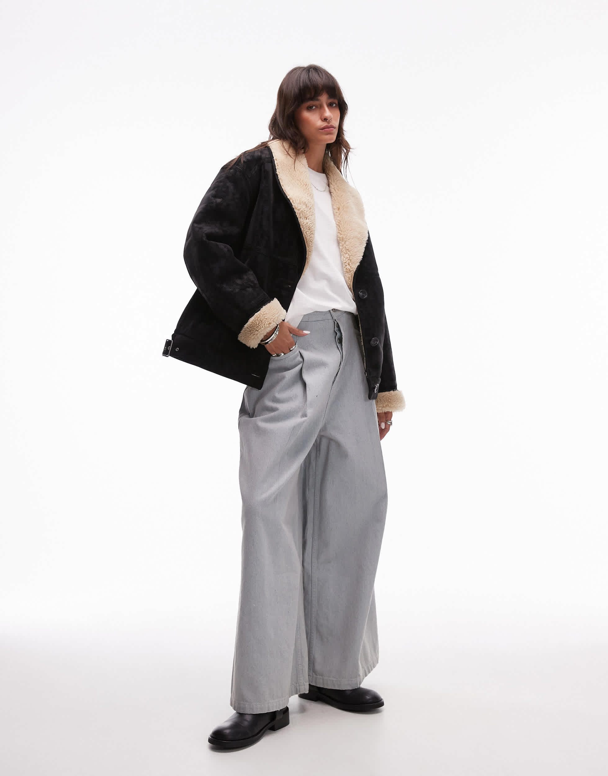 Topshop shearling car coat in black and cream