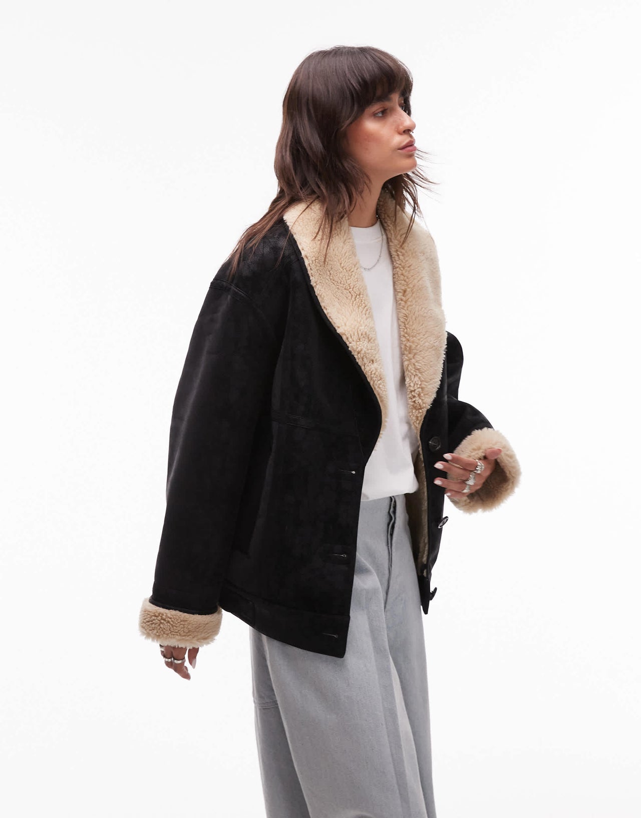 Topshop shearling car coat in black and cream