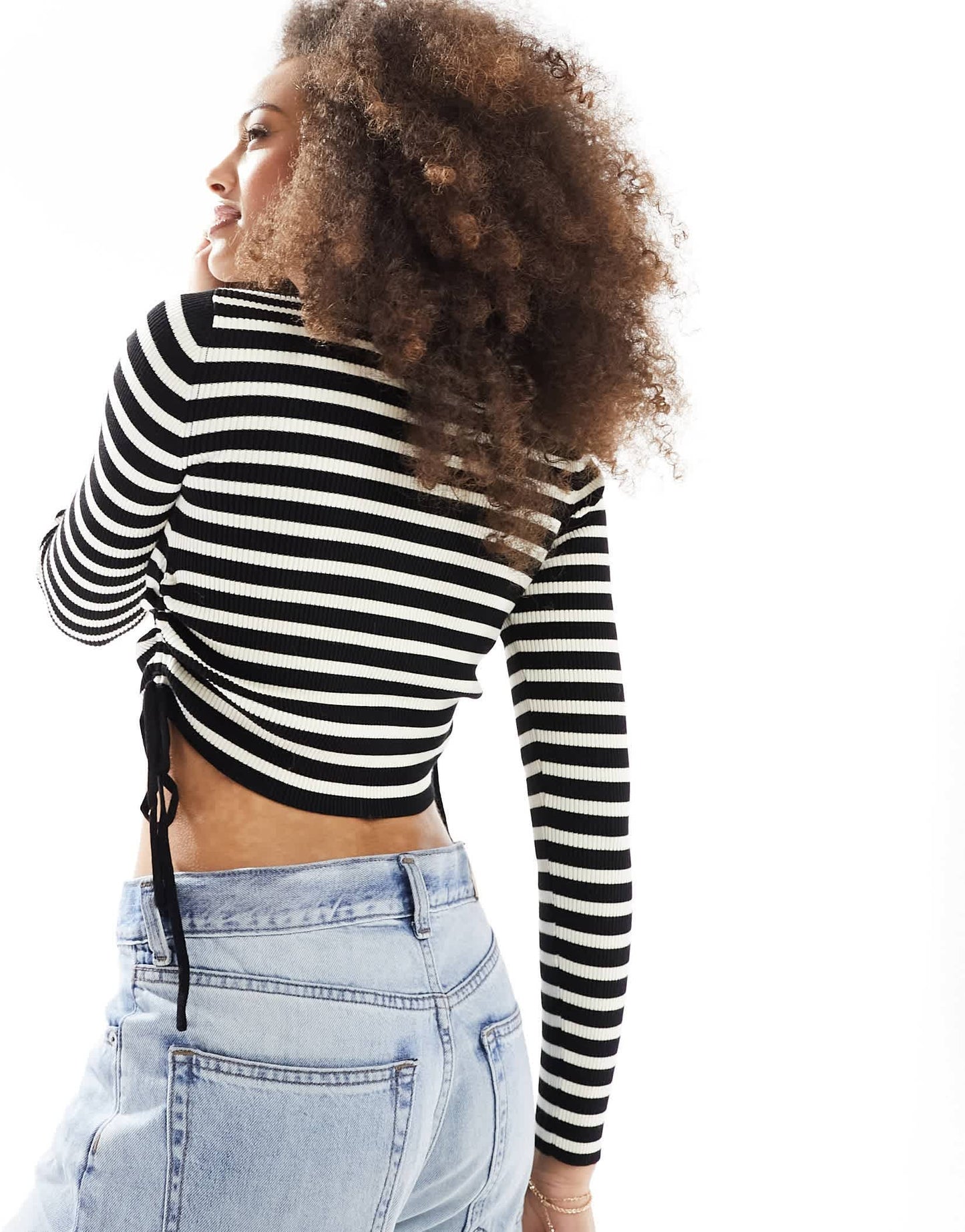 Bershka ruched side knitted top in black & white stripe