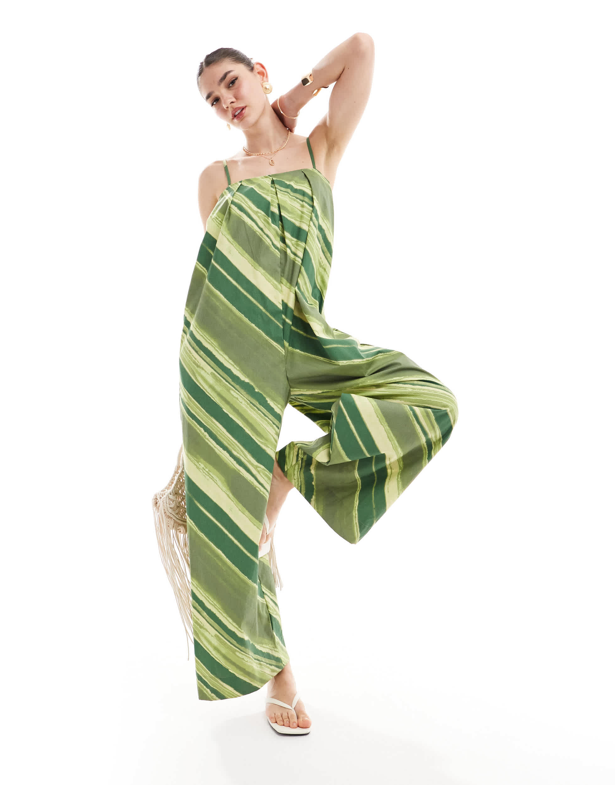 ASOS Design pleated square neck wide leg jumpsuit in green stripe print