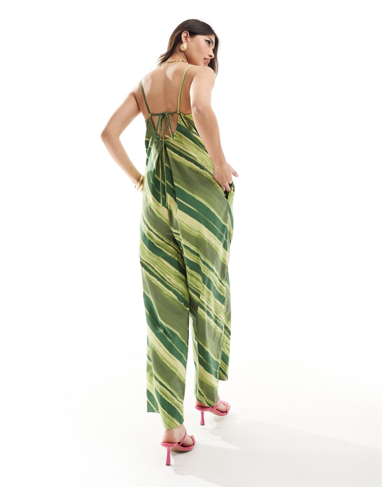 ASOS Design pleated square neck wide leg jumpsuit in green stripe print