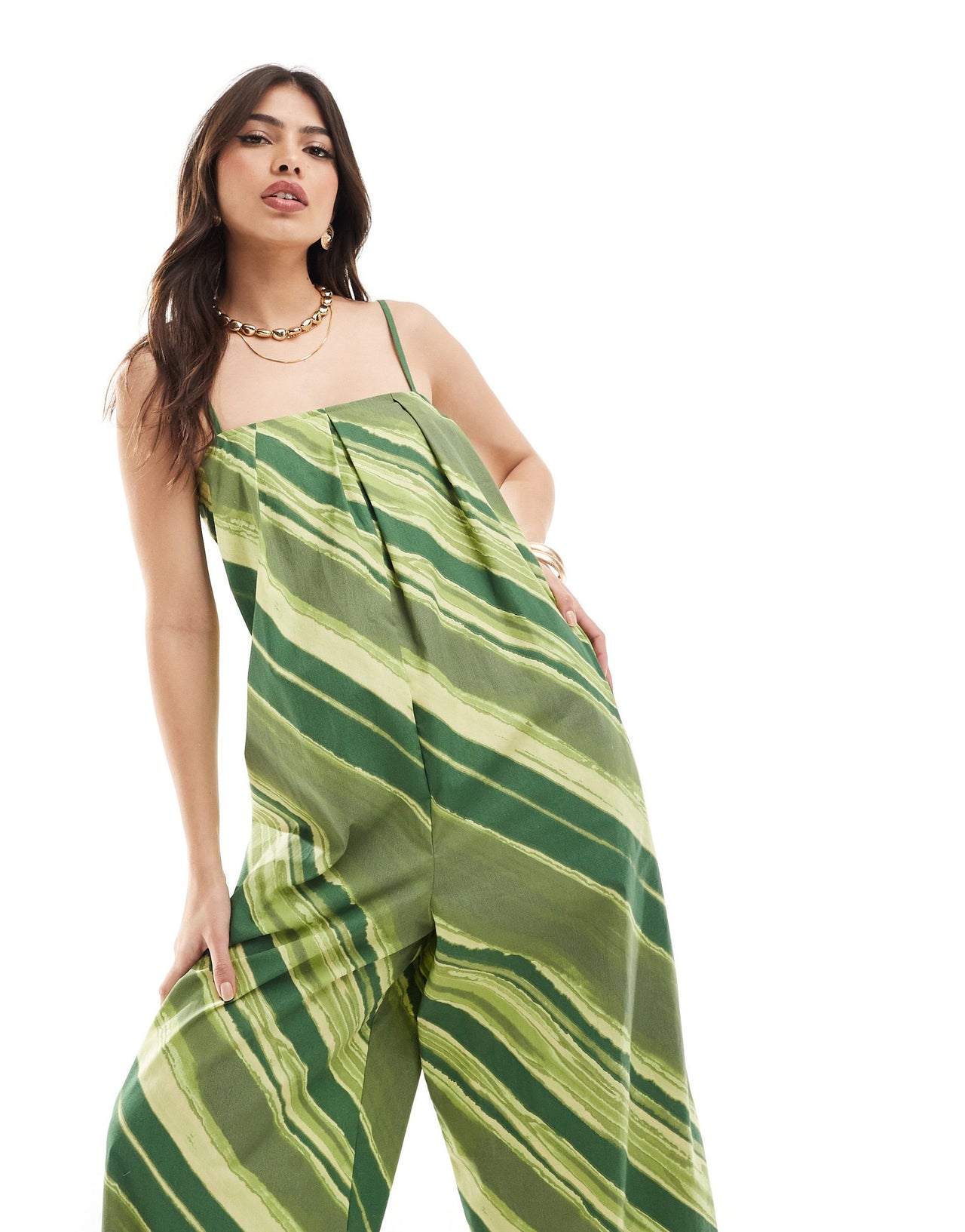 ASOS Design pleated square neck wide leg jumpsuit in green stripe print