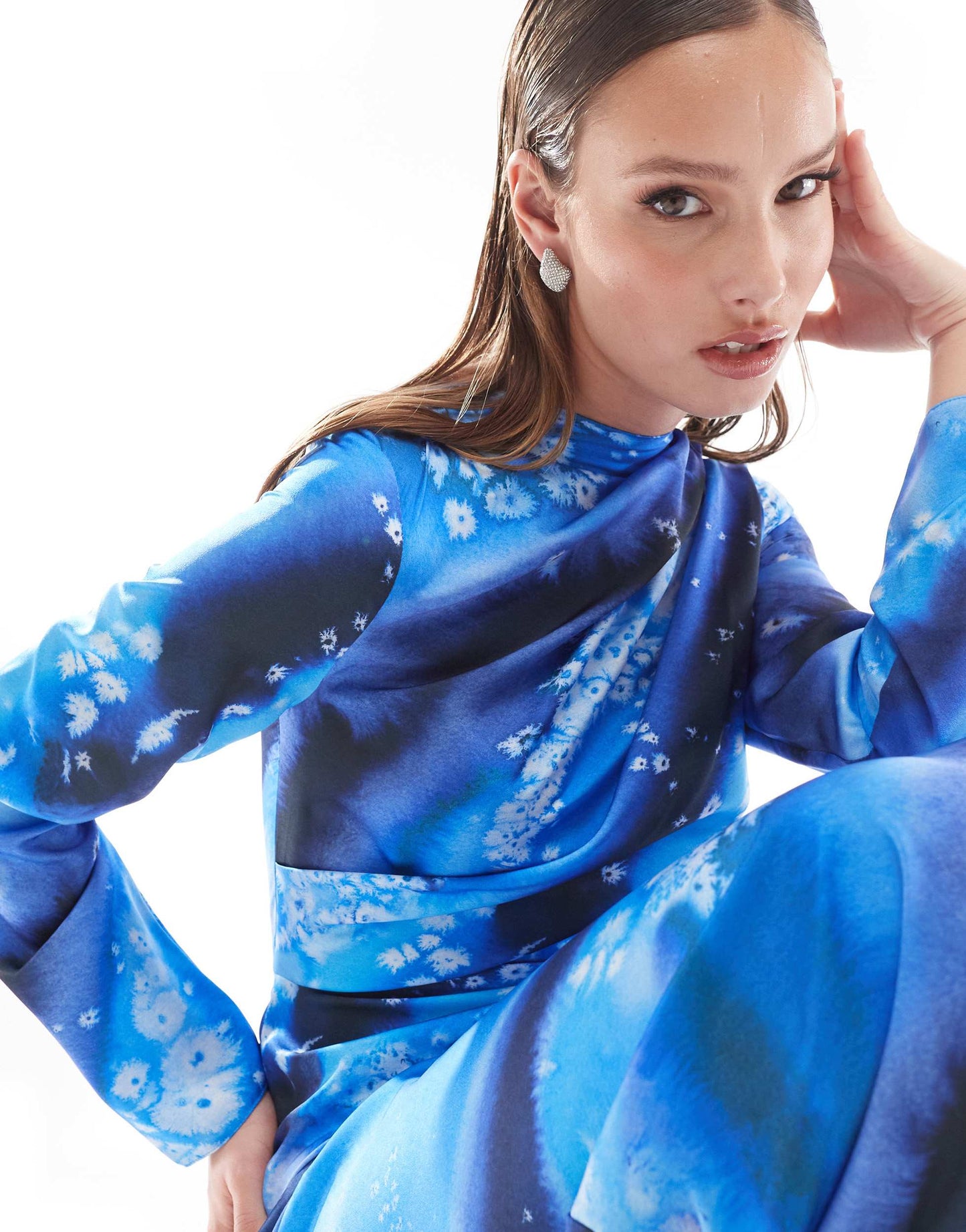 ASOS DESIGN satin maxi dress with drape bodice detail in blue abstract print