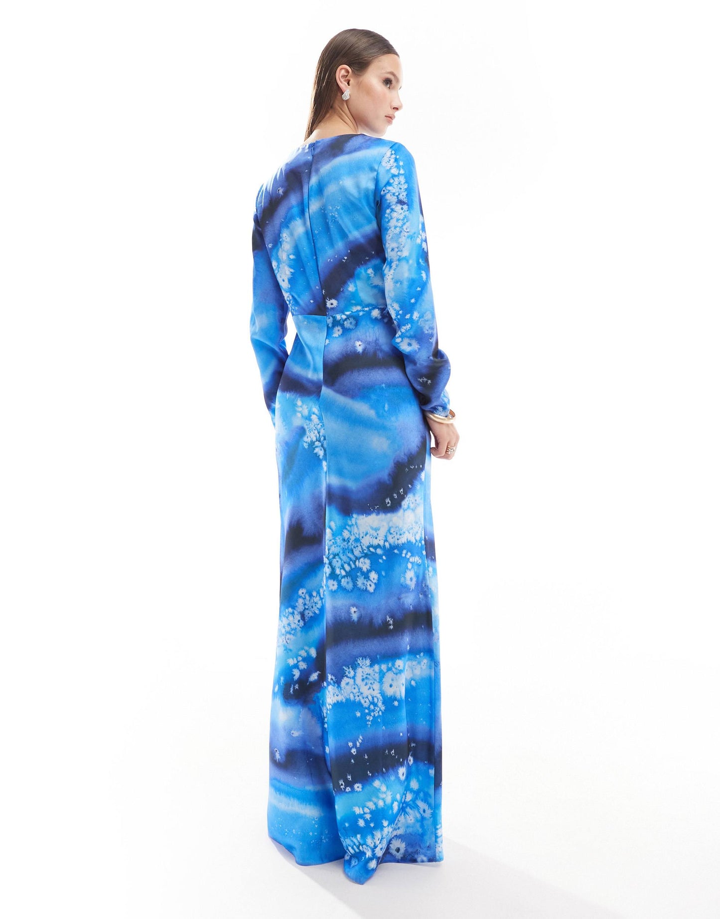 ASOS DESIGN satin maxi dress with drape bodice detail in blue abstract print