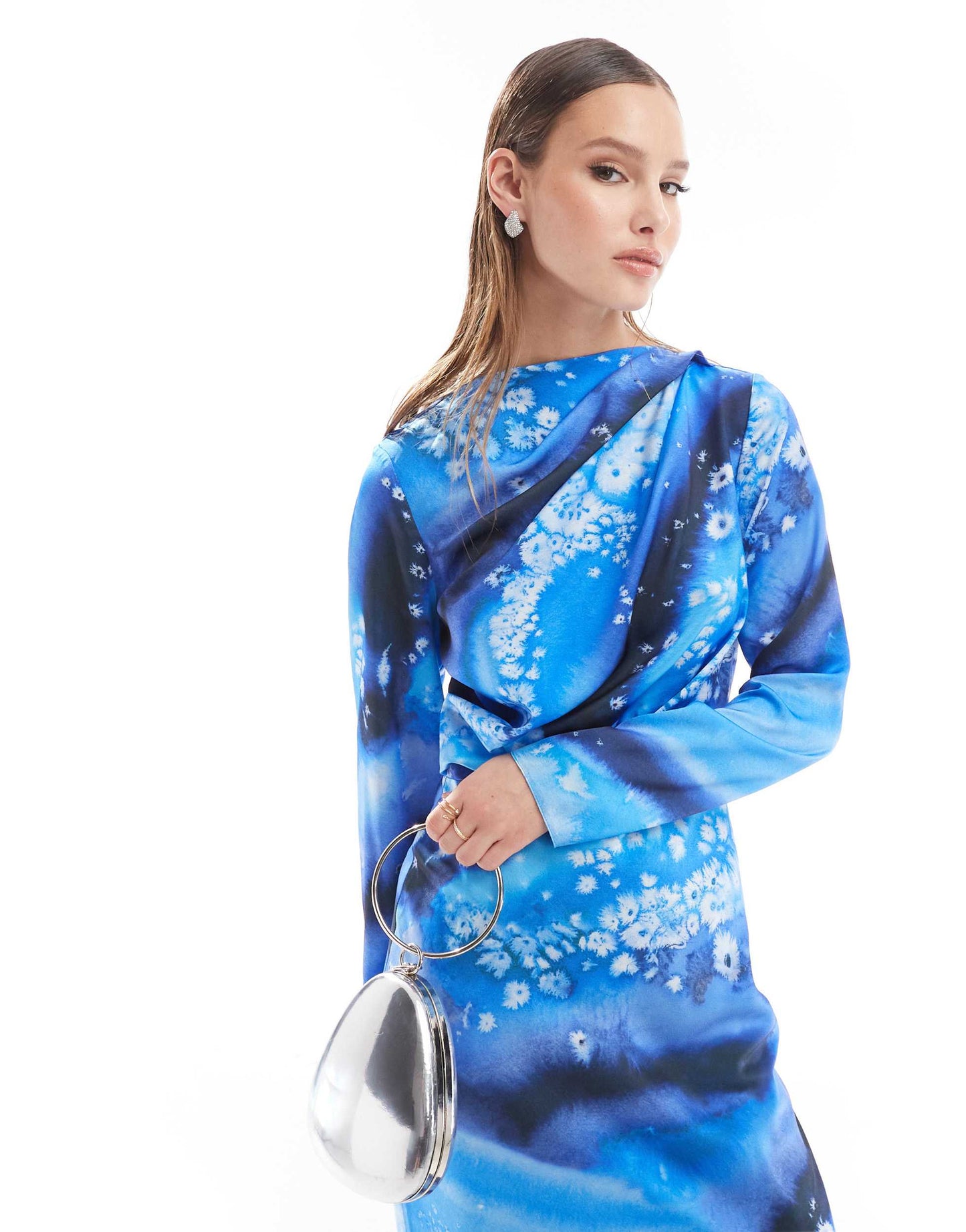 ASOS DESIGN satin maxi dress with drape bodice detail in blue abstract print