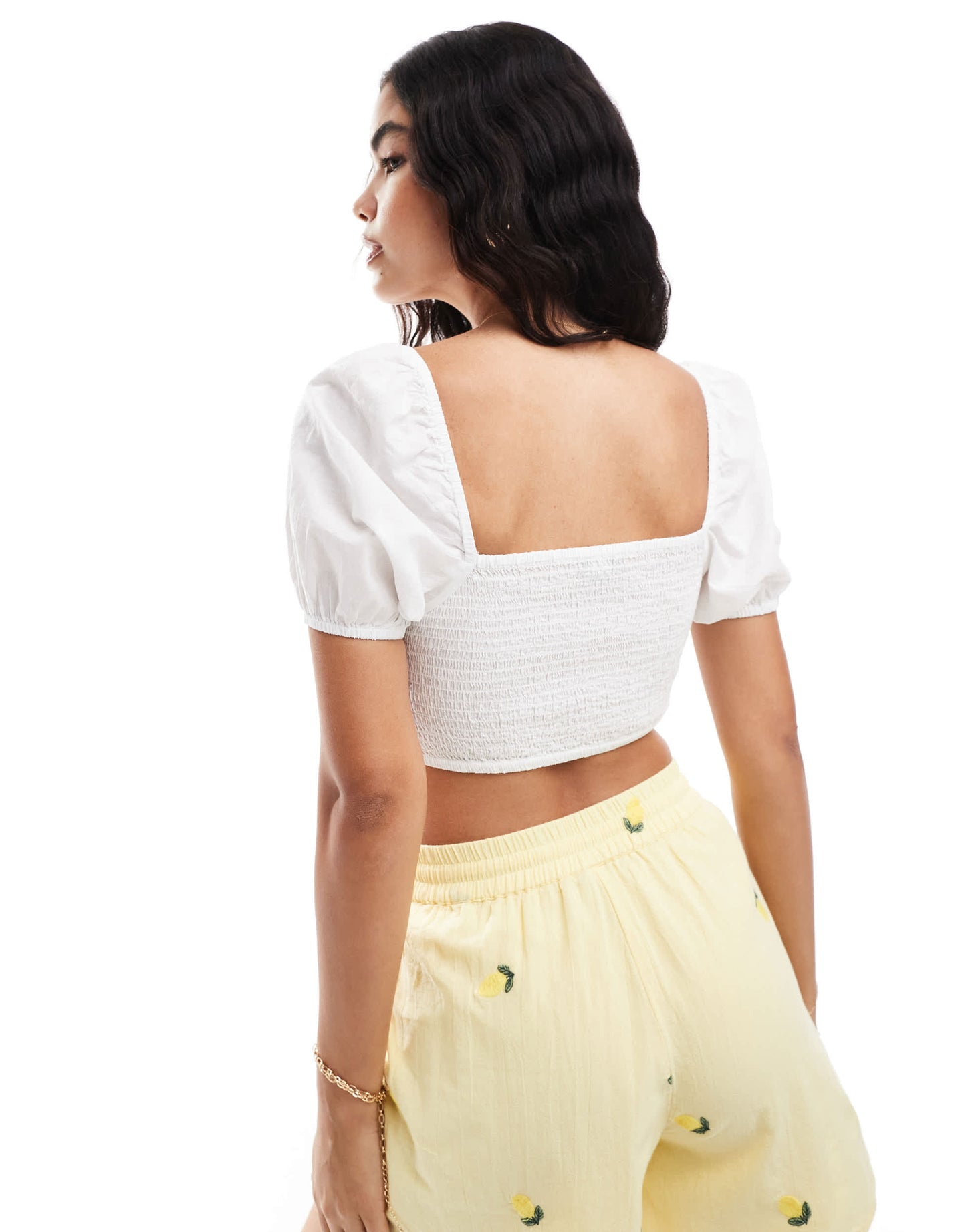 New Look crochet puff sleeve crop top in white