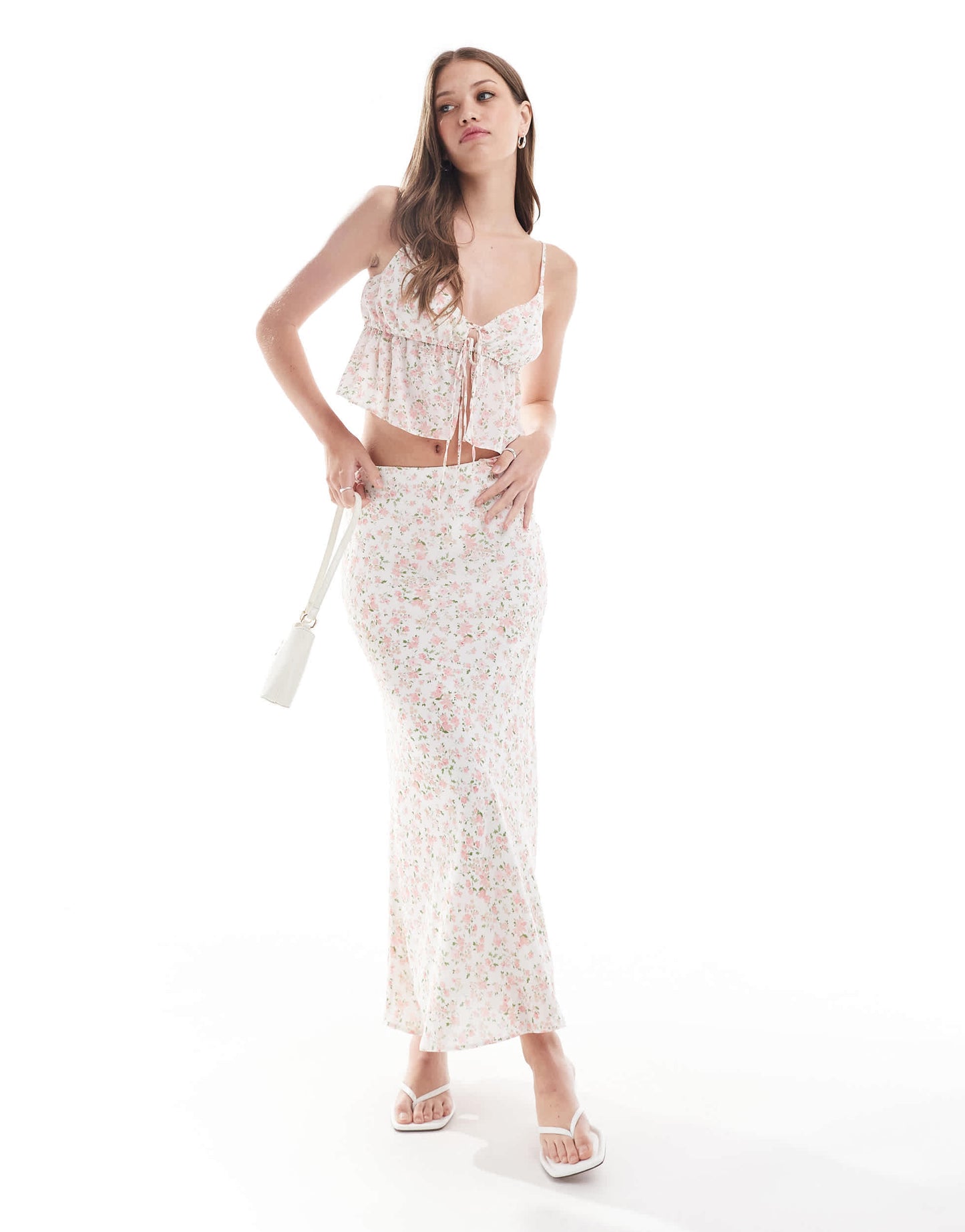 New Look floral ruffle crop top in cream