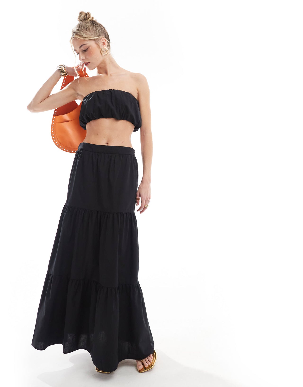 New Look boho poplin tiered maxi skirt in black