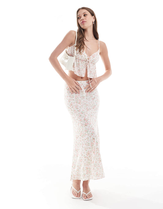 New Look floral midi skirt in cream