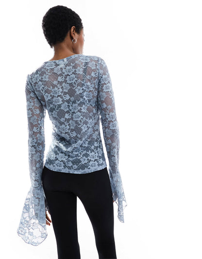 Monki long sleeve trumpet sleeve lace top in dusty blue
