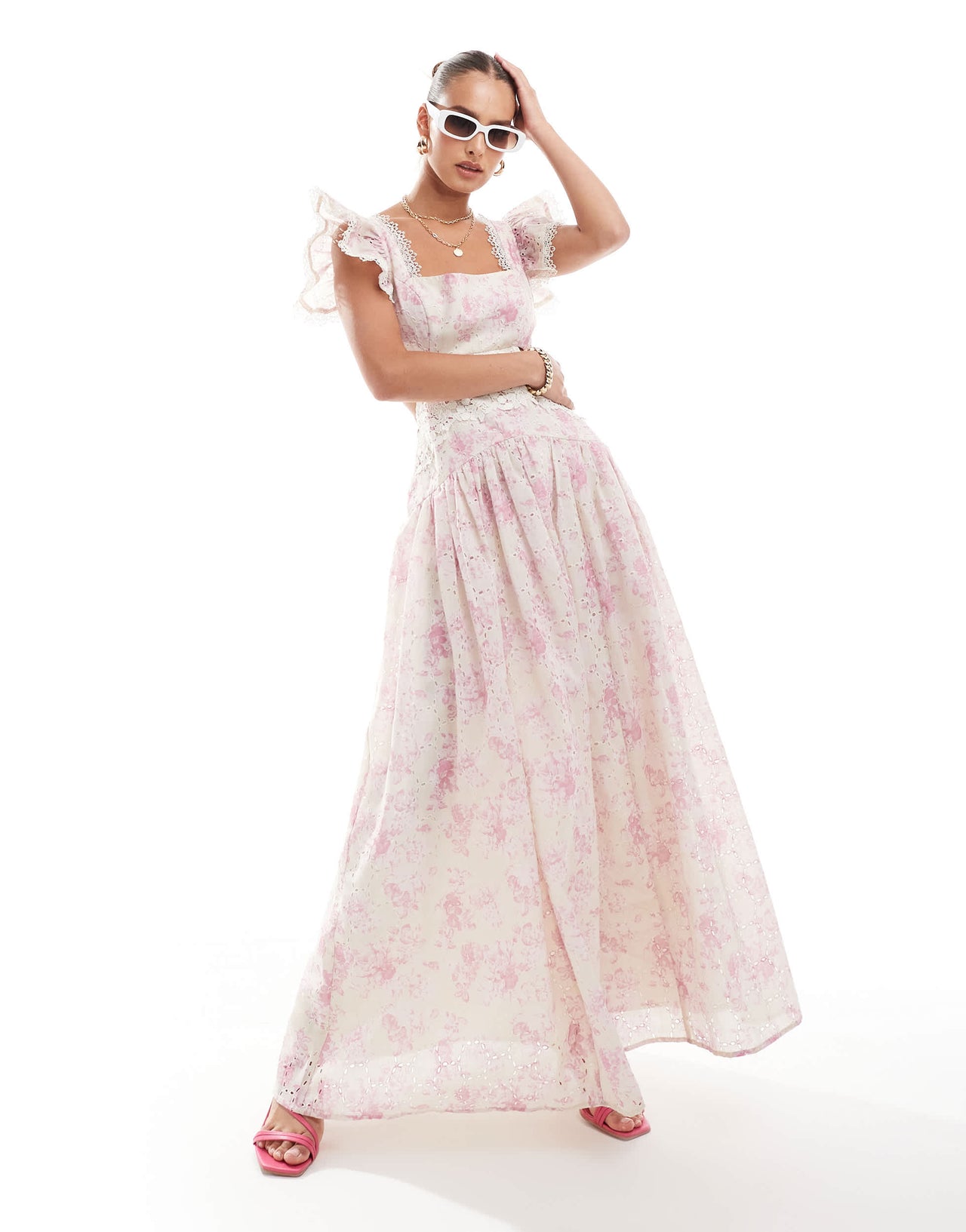 ASOS DESIGN broderie maxi dress with sweetheart neckline in floral print